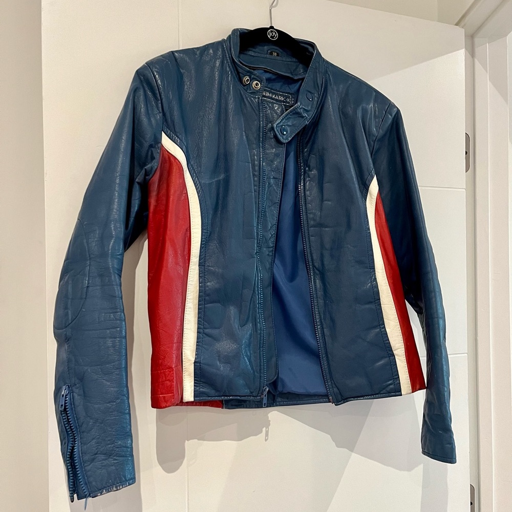 STEINMARK Vintage Blue Red White Motorcycle Moto Leather Jacket